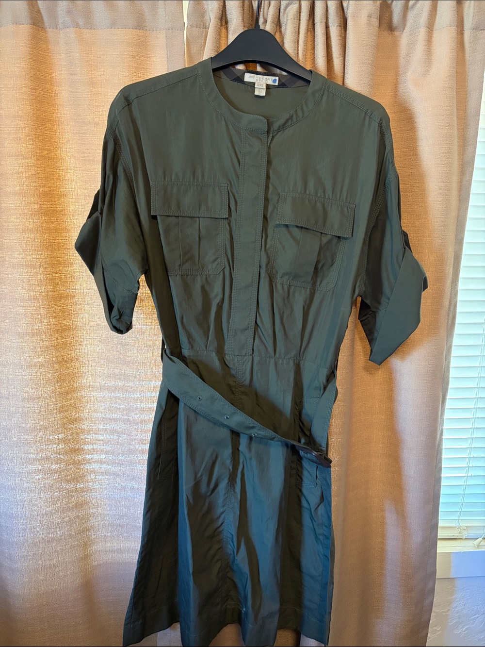 EUC Burberry Brit Lora Olive Green Dress with Signature Check Trim size 2